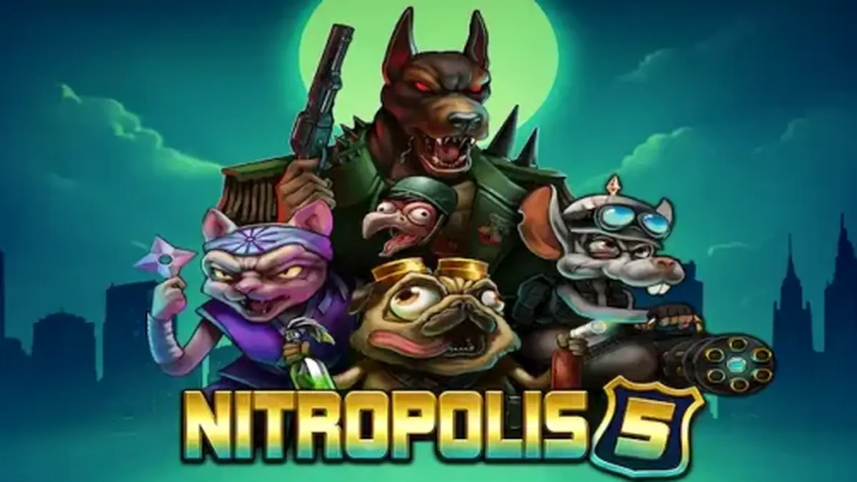 Nitropolis 5 স্লট গেমের একটি দৃশ্য যেখানে ক্যারেক্টার এবং রিলগুলো দেখা যাচ্ছে